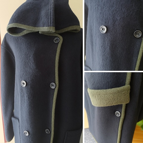 CWS Casual Women L 100%Wool Hooded Coat Jacket Navy & Green Trim Double Breasted - Picture 1 of 12